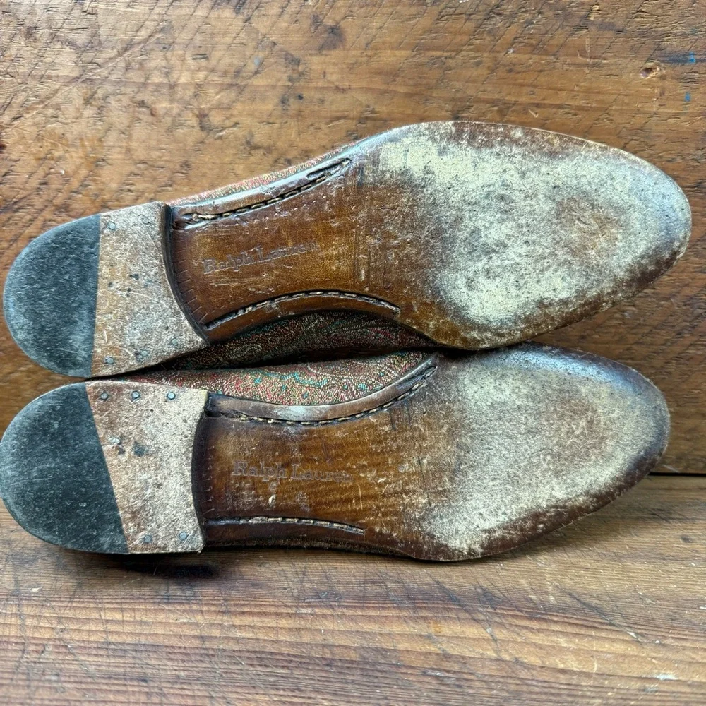 Vintage Ralph Lauren Tapestry Flats Loafers Pink Teal Size 7B
